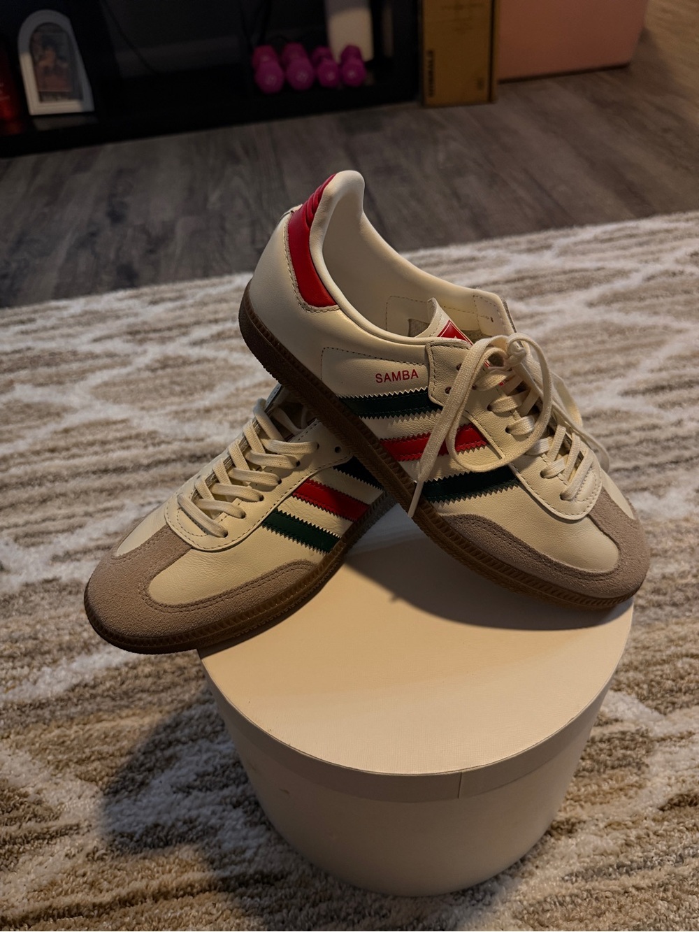 adidas Kids Samba Sneakers in White with Red & Green Stripes
